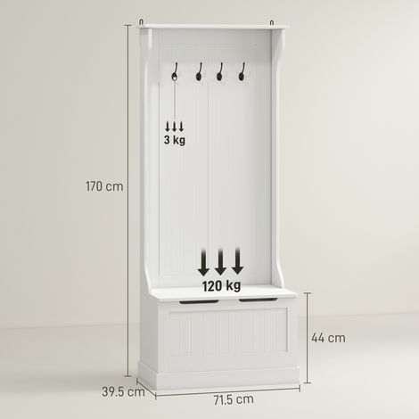 Porte-manteau en bois avec banc de rangement pour l'entrée, 71,5 x 39,5 x 170 cm, blanc. (1/5)