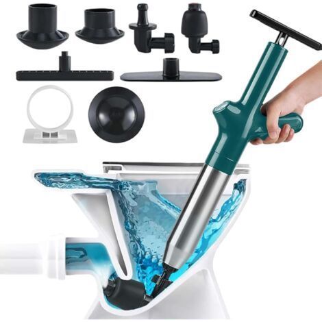 1 - Déboucheur Canalisation - Piston Pneumatique - Manomètre Inclus - Pour Toilettes Lavabo Baignoire Évier + 4 Ventouses Bleu (1/5)