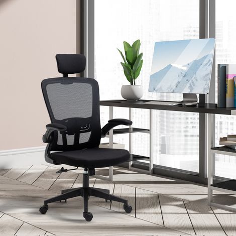 Chaise bureau maille Noir pivotante accoudoirs pliables hauteur réglable appui tête soutien lombaire 65x64x114-122 cm (1/4)