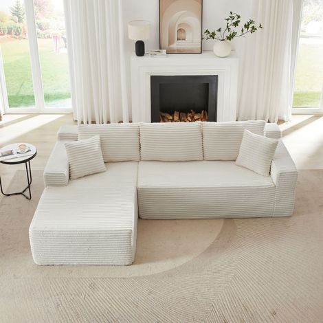 Canapé d'angle en L 252,5cm,velours côtelé,mousse à mémoire de forme,canapé convertible modulaire,canapé 3 places avec méridienne,blanc (1/5)