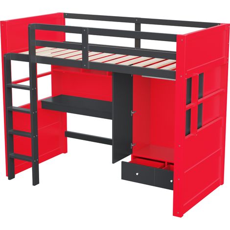 Litera alta 90 x 200 cm con escalera, escritorio, armario y cajones, negro y rojo (1/5)