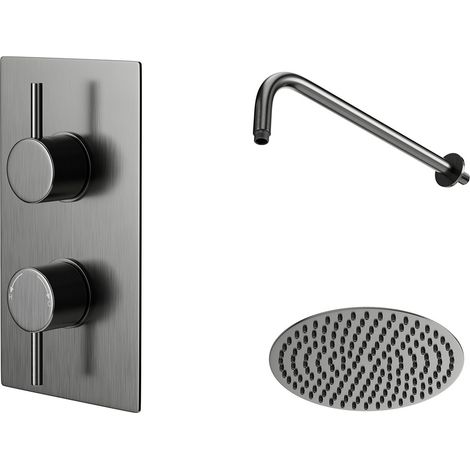 Colore Round Gunmetal Grey Concealed Twin Thermostatic Valve Mixer Shower Including 200mm Fixed Shower Head and Wall Arm - 1 Outlet (1/5)