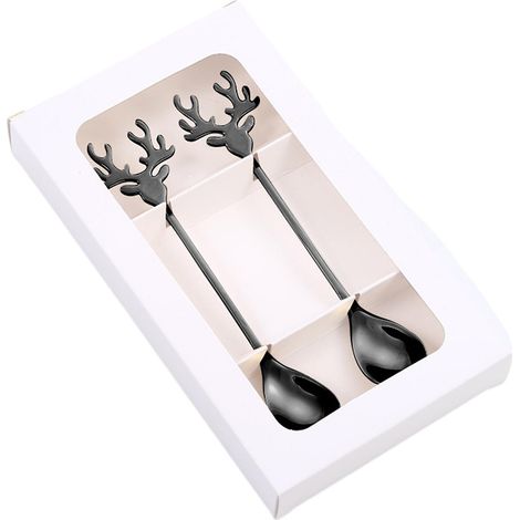 Lot de 2 cuillères en acier inoxydable en forme de bois de cerf, sans bavures, pour la cuisine et les restaurants (coffret cadeau). (1/5)