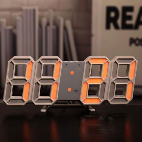 Geräuschlose digitale 3D-LED-Wanduhr mit weißem Rahmen – Tischuhr mit Wecker und Datums-/Temperaturanzeige