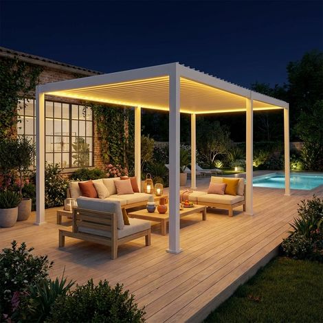 Pergola Bioclimatique électrique 3x6m blanc. aluminium. à lames orientables avec éclairage LED (1/5)