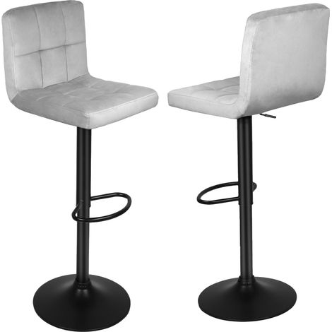 Lot de 2 Tabouret de Bar en velours et métal. Chaise de comptoir réglable en Hauteur et Rotatif. avec dossier-gris clair (1/5)