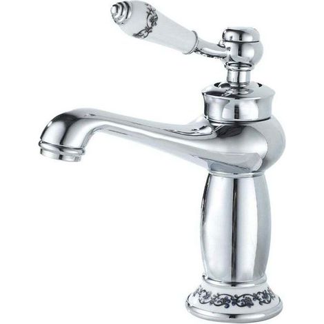 Rubinetto da bagno cromato - monocomando - ottone di alta qualità - design vintage - motivo floreale blu (1/4)