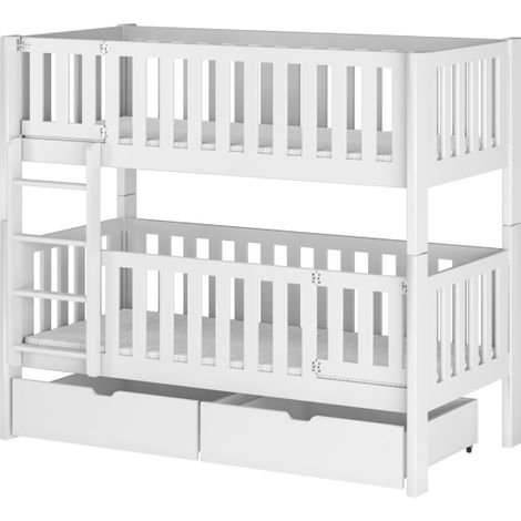 Lit superposé 80x180 en bois massif – 2 tiroirs coulissants – Finition laque écologique – Barrières de sécurité hautes – Kids Literie