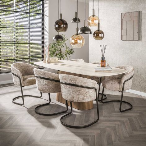 Table repas 215 cm effet travertin + 6 fauteuils tissu texturé sable (1/5)