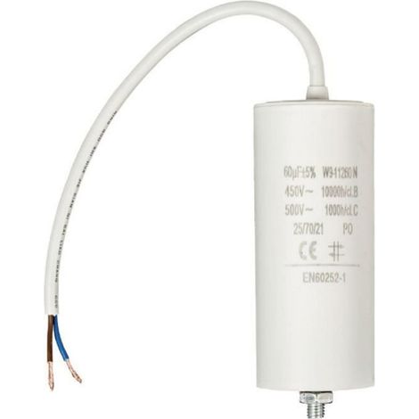 Condensateur - 60 µF - 450 V - Pour Moteur Monophasé - Avec Câble de Connexion - 1 Pièce