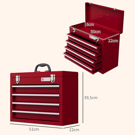 Werkzeugkiste mit 4 Schubladen, oberes Staufach, Stahlverschlüsse, Tragegriff, 51x22x39,5 cm, Rot (1/5)