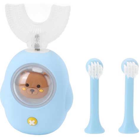 Brosse à dents électrique pour enfants en forme de U, en silicone de qualité alimentaire, rechargeable par USB, avec fonction de minuterie LED, étanche, bleue.