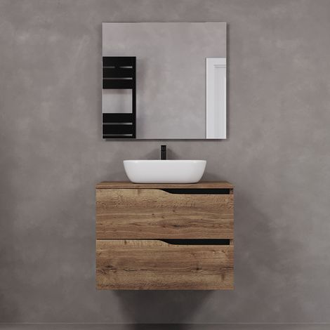 Meuble de salle de bain 80cm avec plateau et vasque à poser zeus - 2 tiroirs - tabaco (chêne foncé) - LUNA (1/5)
