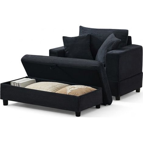 Méridienne mit Fußablage und Stauraum, Loungesofa mit 3 Kissen für Wohnzimmer und Schlafzimmer, Schwarz (1/5)