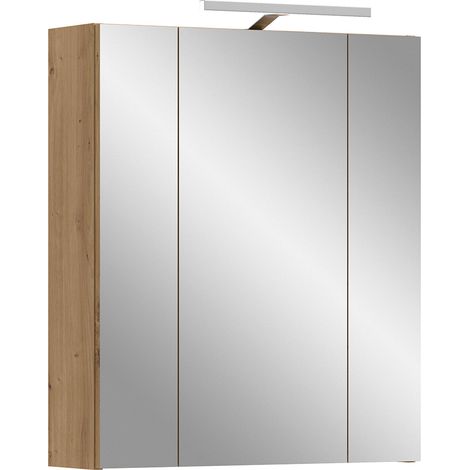 Badezimmer Spiegelschrank mit 60 cm Breite in Eiche inkl. LED-Beleuchtung, 3 Spiegeltüren mit 3D-Funktion - IGGESUND-158 (1/5)