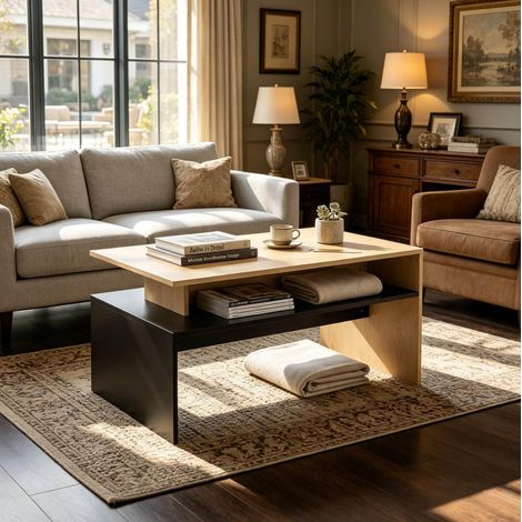 Mesa de centro moderna con almacenamiento, 95 x 55 x 50 cm, MDF negro y madera natural DESVIAE (1/5)