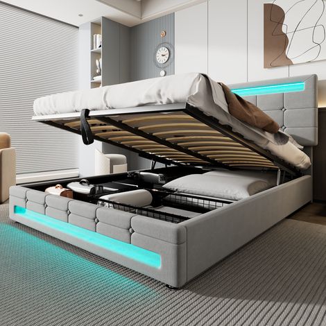 Upholstered bed, hydraulic bed, adults teenagers 4ft6 double bed 135x190cm, square embellishment, with 7colors LED-light strips, Velvet+Iron, Grey