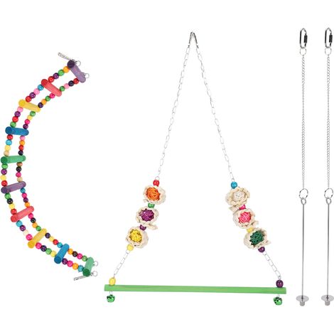 Lot de 4 jouets colorés pour poules : balançoire, échelle, support, porte-fruits et mangeoire suspendue pour légumes. (1/5)