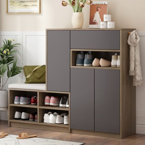 Meuble à chaussures banc multifonction gris, assise rembourrée, étagères réglables, rangement pour entrée couloir, dimensions 140 x 35 x 110 cm (1/5)