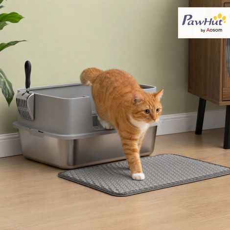 Bac à litière XL en acier inoxydable, maison de toilette pour grand chat, nettoyage facile 60,2 x 40,2 x 29,5 cm, gris (1/5)