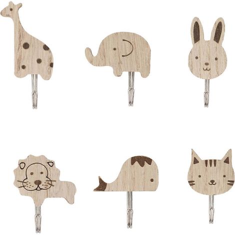 Wandhaken aus Holz mit Cartoon-Tiermotiven – 6 Stück starke, selbstklebende Kleiderhaken (1/5)