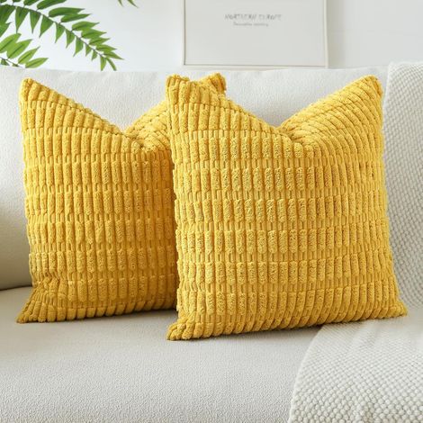 Lot de 2 Housses de Coussin en Velours Côtelé Jaune Moutarde, 45x45 cm, Douces et Élégantes, Décoration Canapé, Salon, Chambre