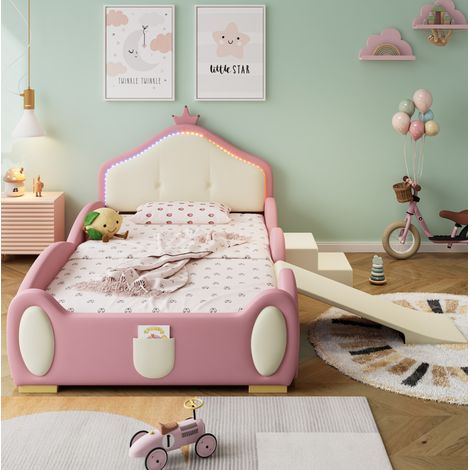 Cama infantil 90x200 cm de PU rosa con tobogán, modular, sin colchón (1/5)