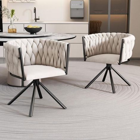Chaises pivotantes - KOMHTOM - Modèle Velours - Lot de 2 - Rotation 360° - Structure métal beige (1/5)