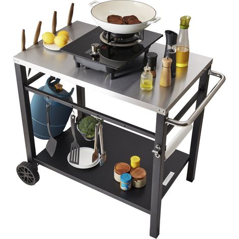 Desserte Plancha à 2 Niveaux Chariot de Barbecue avec Grand Plan de Travail en Inox 85 x 55 cm Table de Barbecue sur Roulettes pour Four à Pizza Préparation de Cuisine BBQ Jardin Patio Extérieur (1/5)