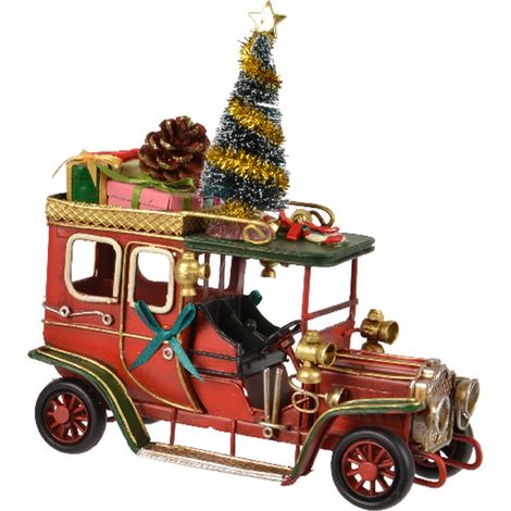 Macchina natalizia in ferro con albero, pigna e regali, decorazione per villaggio di Natale da 17 cm -Rosso (1/3)