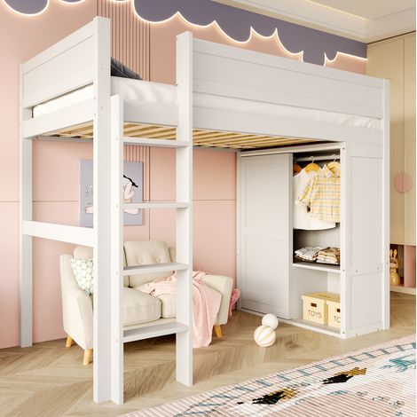 Letto rialzato bambini 90x200 cm con armadio, vano portaoggetti, sponda di sicurezza, in pino, senza materasso, bianco (1/5)