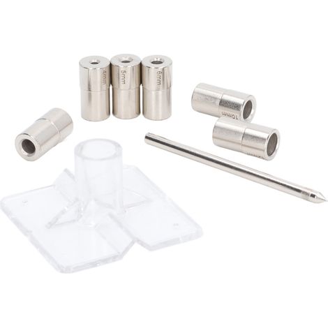 Kit de 8 gabarits de centrage automatiques pour goujons, comprenant 6 douilles de perçage en acier allié de diamètre intérieur, un guide de foret et un poinçon de centrage. (1/5)