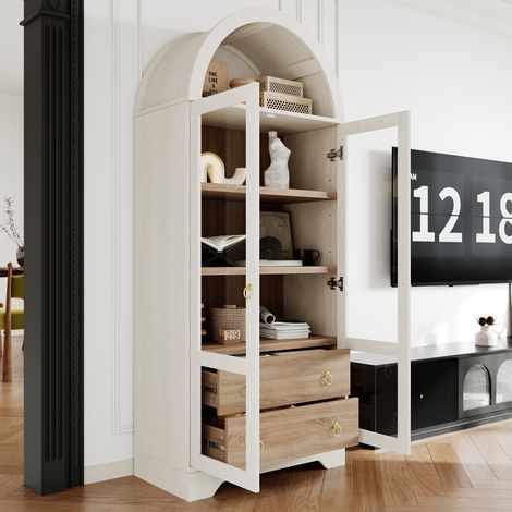 Aparador alto con estantes y cajones ajustables, mueble de cocina con cristal transparente y amplio espacio de almacenamiento, ideal para comedor, salón y cocina (blanco). (1/5)