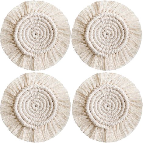 4pcs dessous de verre en coton tressé, sets de table pour tasses café et bière, avec pompons, décoration bohème pour bar et restaurant, style ethnique, protection de meuble, accessoire pratique et déc (1/5)