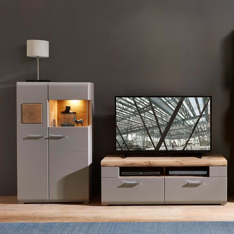 Wohnzimmer Set FARO-36 in basalt mit Absetzungen in Eiche Hirnholz Nb. und Beleuchtung, B/H/T: ca. 240/139/47 cm (1/5)