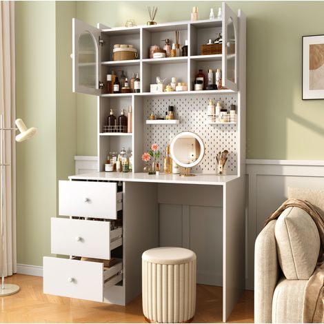 Scrivania multifunzione con mobile integrato 180 cm, MDF bianco, 3 cassetti e vetrina (1/5)