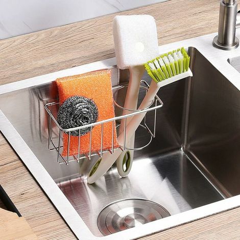 Porta spugna da cucina in acciaio inossidabile, organizer da appendere al lavandino, argento