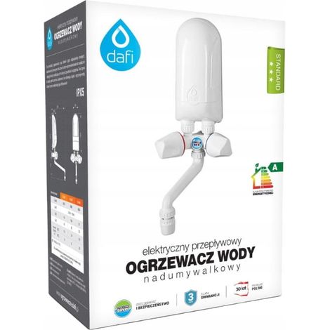 Scaldabagno istantaneo da 3,7 kW per installazione sopra il lavello con rubinetto bianco.