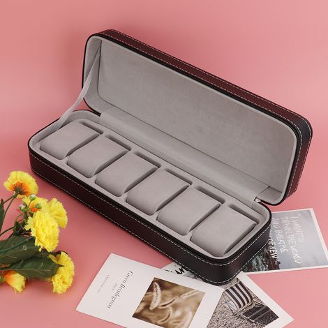 Boîte de rangement pour montres en cuir PU à 6 emplacements, avec compartiments séparés (1/5)