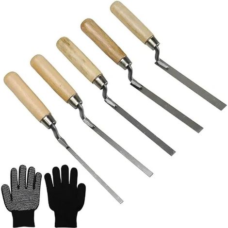 Lot de 5 truelles à joints en acier inoxydable 6/8/10/12/15 mm avec lame en acier inoxydable et poignée souple, outil de ciment et de jointure, fer à joints avec gants, outil de maçonnerie
