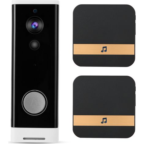 Sonnette vidéo intelligente sans fil HD 720p avec Wi-Fi et interphone à détection infrarouge (Wi-Fi + 2 sonneries US) (1/5)