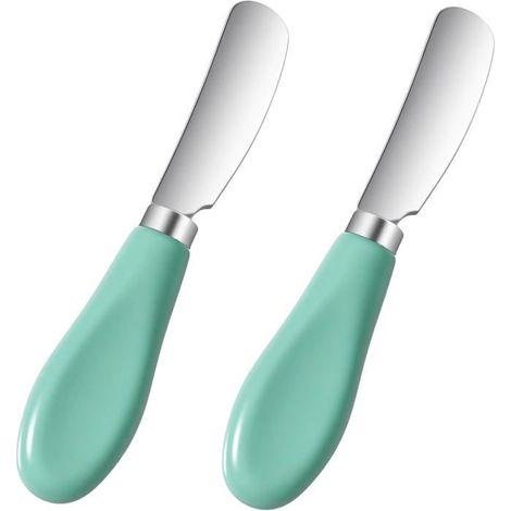Lot de 2 couteaux à beurre et fromage en acier inoxydable, manche en porcelaine cyan, mini tartineur pour toast, confiture et tapas (1/5)