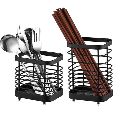 Porte Ustensiles Inox, 2 Pcs Egouttoir Couvert Pot Ustensile de Cuisine, Support Ustensiles Cuisine Rangement et Organisation des Accessoires de Restaurant (Noir) (1/5)