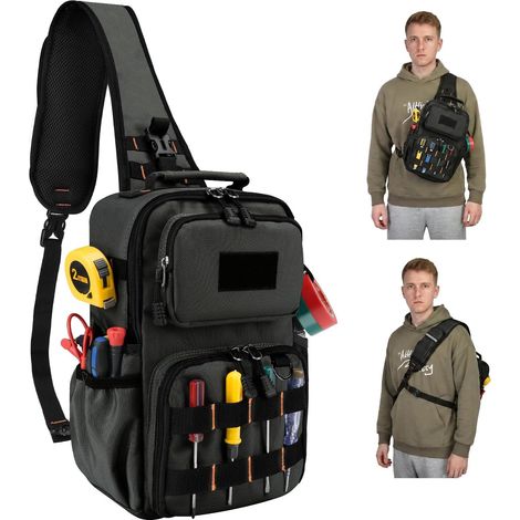 Sacoche à outils d'électricien, sangle tactique à trois points, tissu Oxford imperméable, capacité compacte de 8 litres, 15 poches, poignées rigides. (1/5)