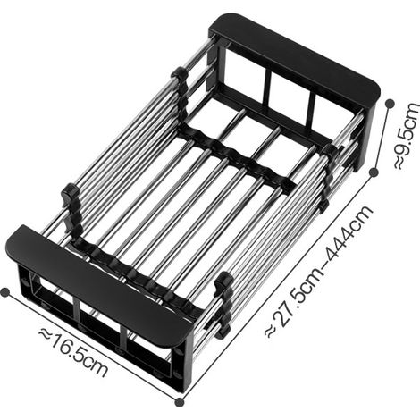 Égouttière rétractable en acier inoxydable, robuste et supportant une charge importante, pour vaisselle, fruits et légumes, petite taille, noire. (1/5)