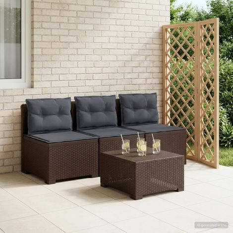 Canapé de jardin 3 places aspect rotin PP marron avec coussins gris pour terrasse et balcon - PANGIVO (1/5)