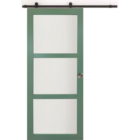 Puerta corredera de color verde claro con vidrio H204 x L83 cm, riel, conchas, GD MENUISERIES