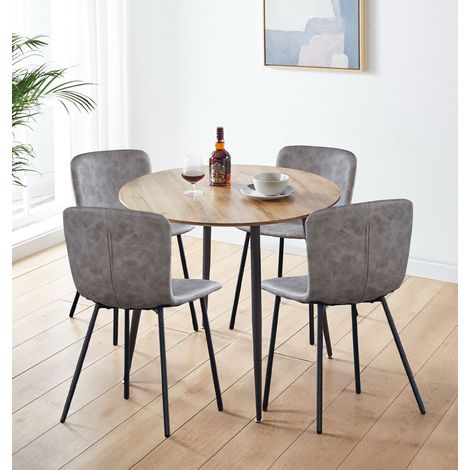 Hallowood Furniture Cullompton Small Round Dining Table and Chairs Set 4, Brown Oak Effect Top Kitchen Table and Chairs in Upholstered Taupe Faux Leather with Metal Legs for Home, Office & Café (1/5)