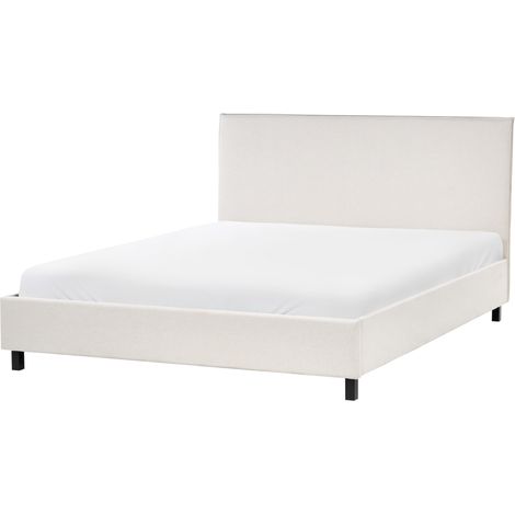 Marco de cama tapizado en tela beige con patas de madera 160 x 200 cm listones cabecero minimalista estilo escandinavo Sennez