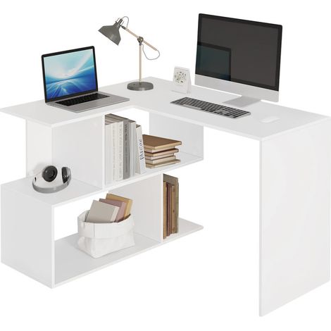 Bureau de travail en panneaux de particules – bureau avec rangement bibliothèque – table pour étudiants et bureau à domicile,Blanc (1/5)